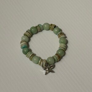 Handmade Green Shell Disc Beaded Bracelet with Silver Crystal Butterfly Charm